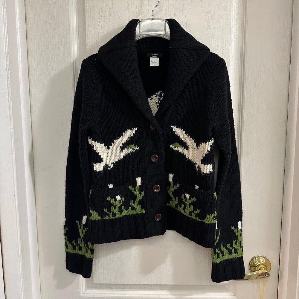 Vintage J. Crew Handknit Black Geese Grandpa Cardigan Wool Blend Size Small